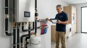 Instalación técnica de un sistema de calefacción por aerotermia de alta eficiencia con conexiones de tuberías hidráulicas certificadas por Construcciones Leber.