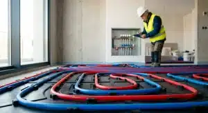 Instalación técnica de circuitos de tuberías de PE-Xa sobre panel de tetones aislante para suelo radiante en una reforma integral por Construcciones Leber.