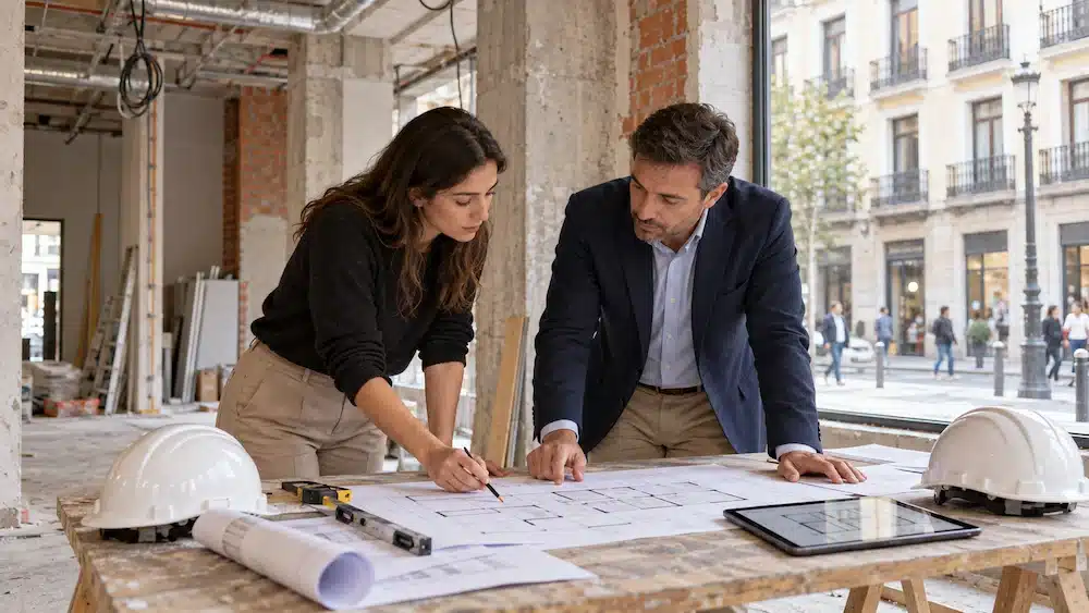 Técnica y propietario revisando planos de la licencia de actividad en un local comercial de Madrid