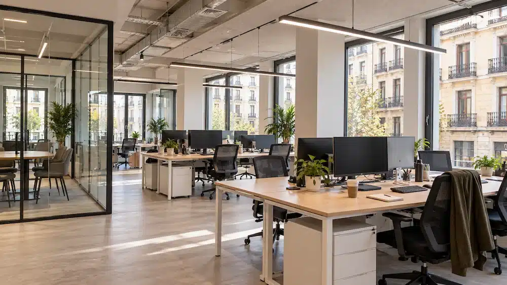 Oficina reformada en Madrid con puestos de trabajo, sala de reuniones acristalada y techo técnico con iluminación LED